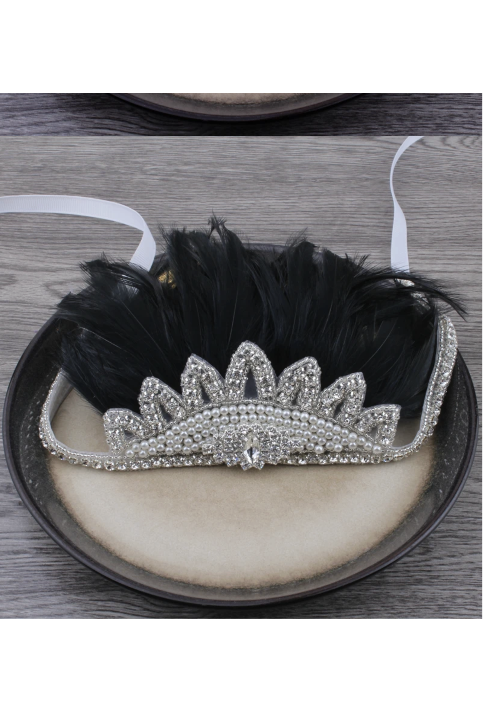 Crown Ostrich Art Deco Vintage Style Wedding Headband - Black The Deco Haus