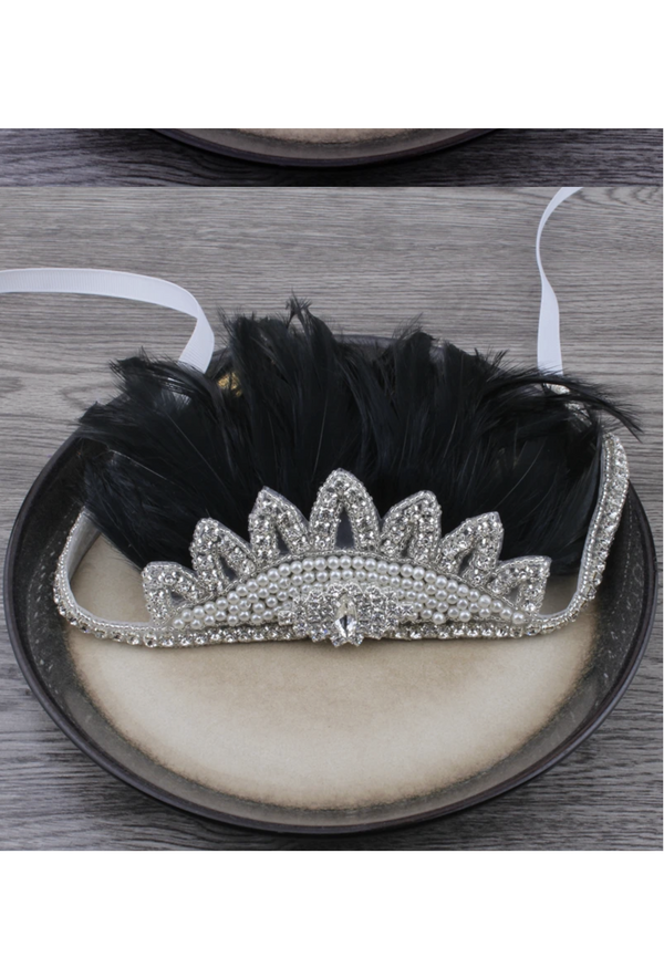 Crown Ostrich Art Deco Vintage Style Wedding Headband - Black