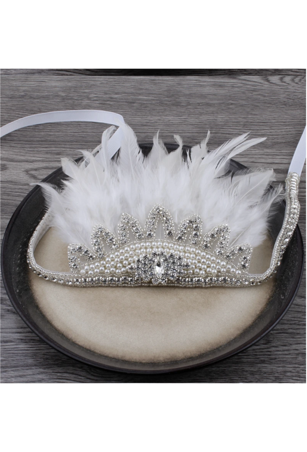 Crown Ostrich Art Deco Vintage Style Wedding Headband - Ivory