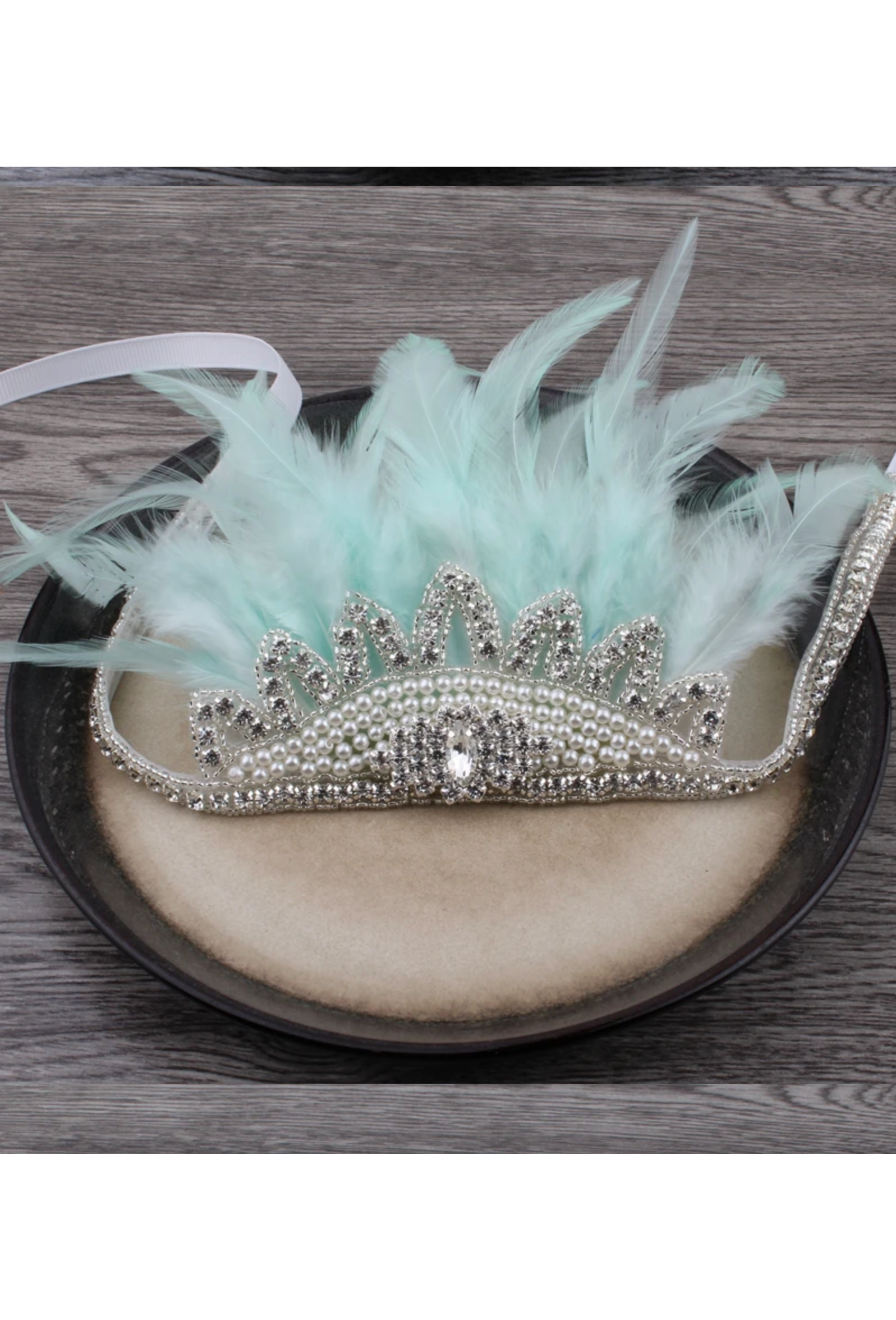 Crown Ostrich Art Deco Vintage Style Wedding Headband - Retro Aqua