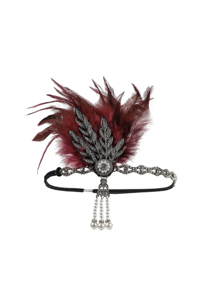 The Tiffany cabernet feather flapper headband with rhinestone centerpiece and dangling charms