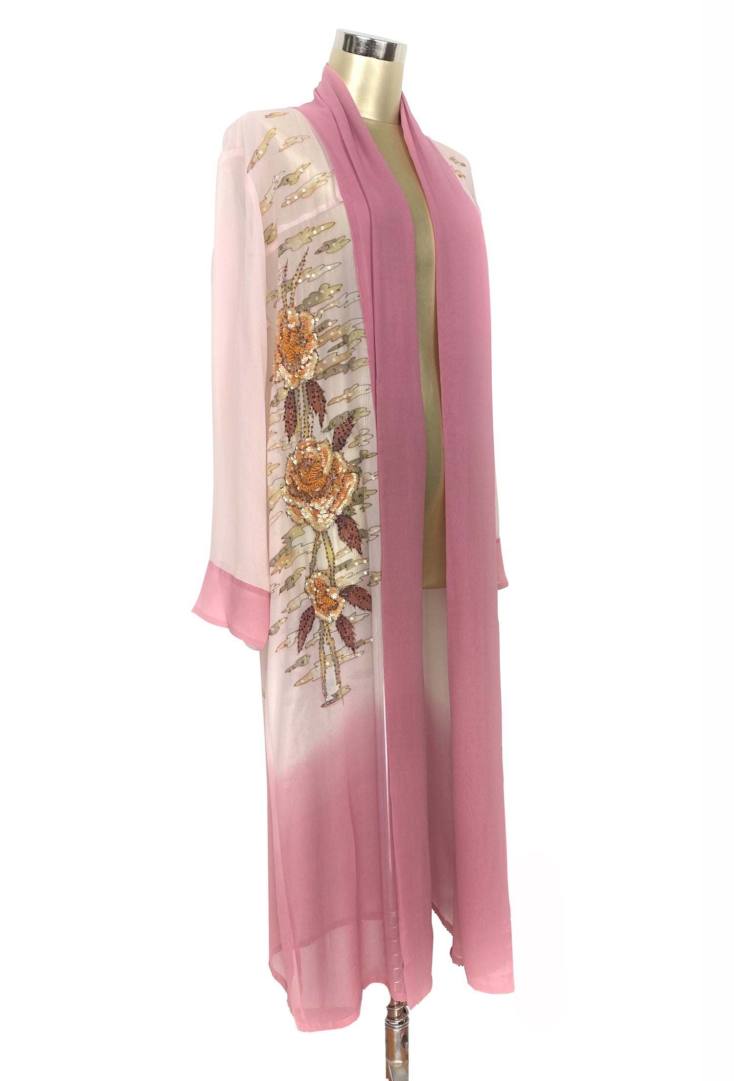 Ethereal Art Deco Silk Crepe Hand-Painted Beaded 1920s Lounging Robe - Rouge Pink - Limited Edition