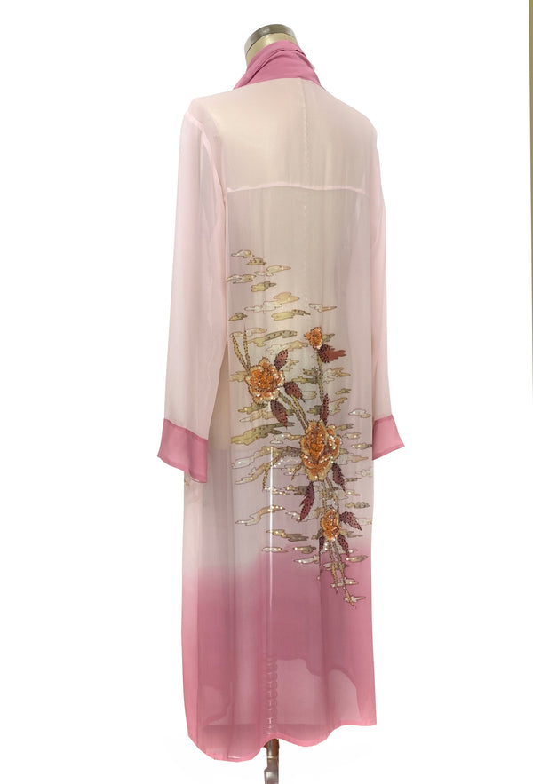 Ethereal Art Deco Silk Crepe Hand-Painted Beaded 1920s Lounging Robe - Rouge Pink - Limited Edition