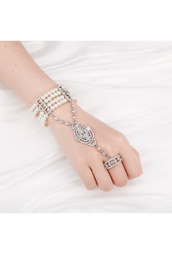 Gatsby Pearl Flapper Rhinestone Vintage 1920s Ring Bracelet - Silver Pearl