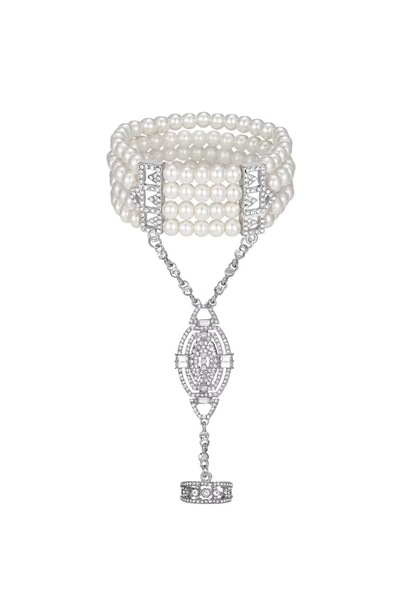Gatsby Pearl Flapper Rhinestone Vintage 1920s Ring Bracelet - Silver Pearl