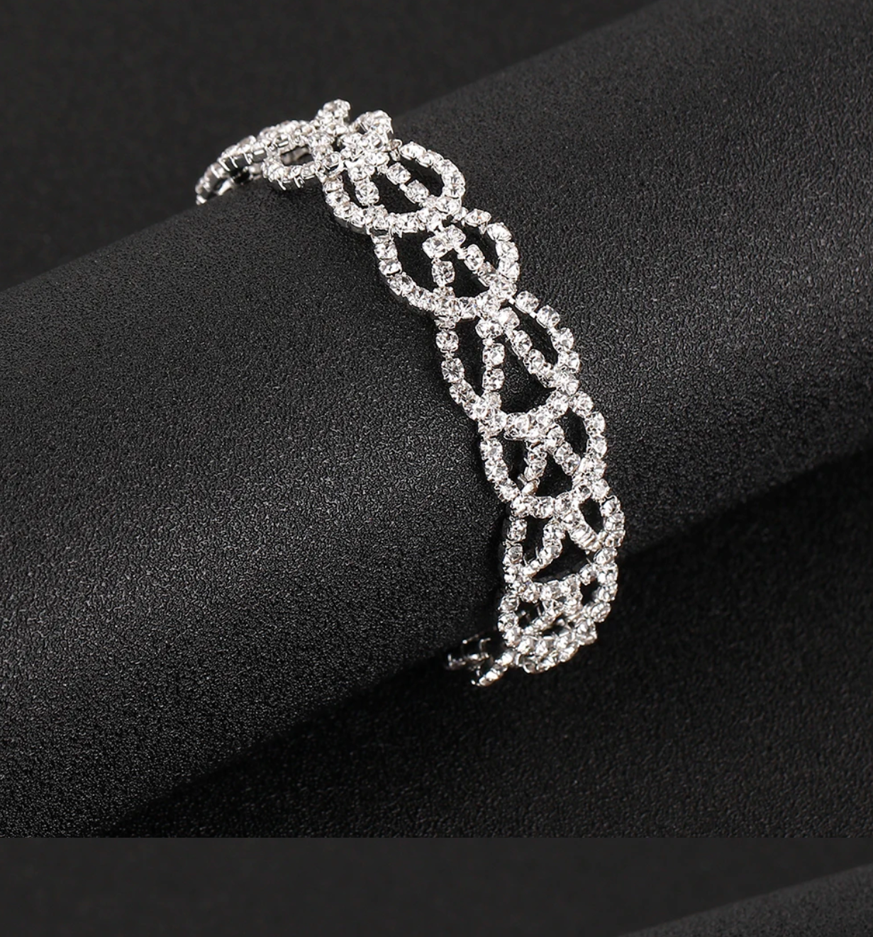Silver rhinestone bracelet with interlocking Deco chain links and sparkle stones