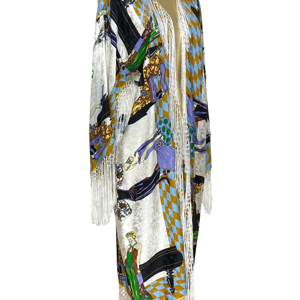 The Great Gatsby Party Jacquard Silk Fringe 20s Scarf Coat White