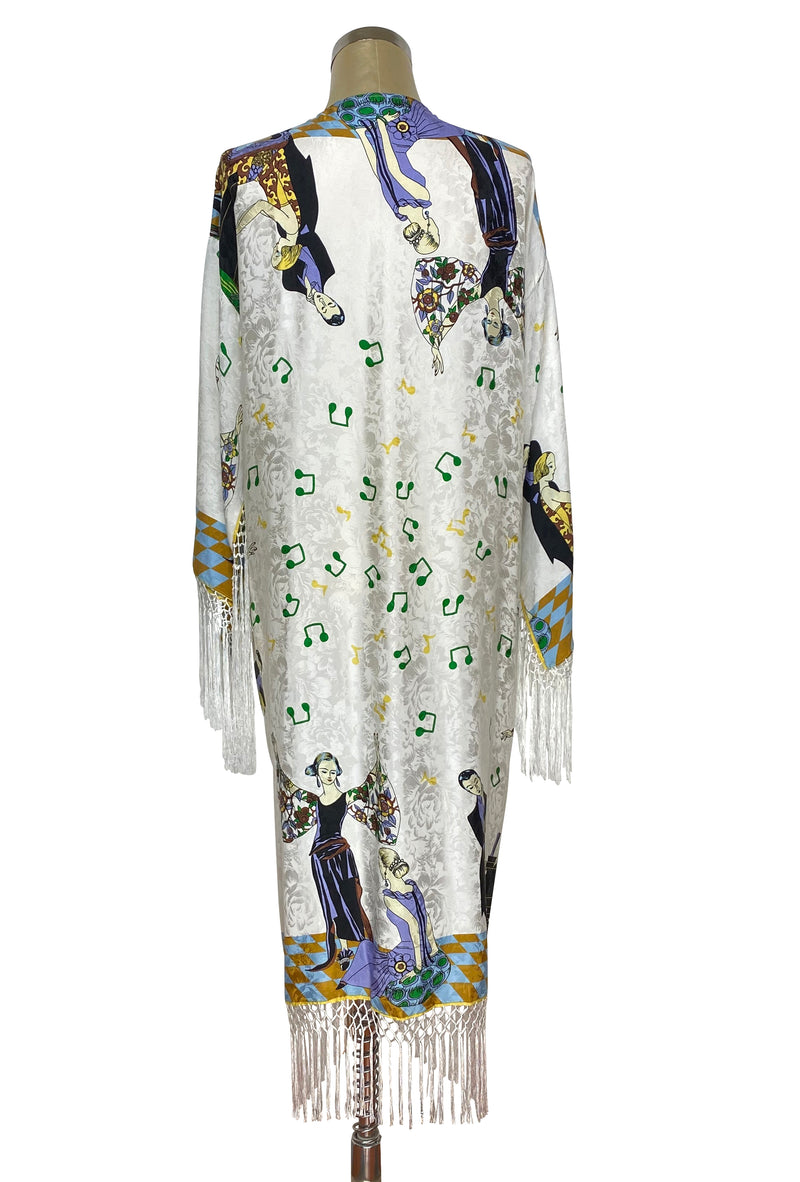 The Great Gatsby Party Jacquard Silk Fringe 20s Scarf Coat - White