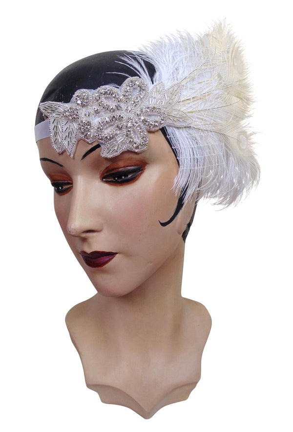Ivory Ostrich Art Deco Vintage Style Wedding Headband Bandeau