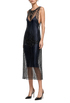 Dark sleeveless sequin overlay midi dress with scalloped lace trim