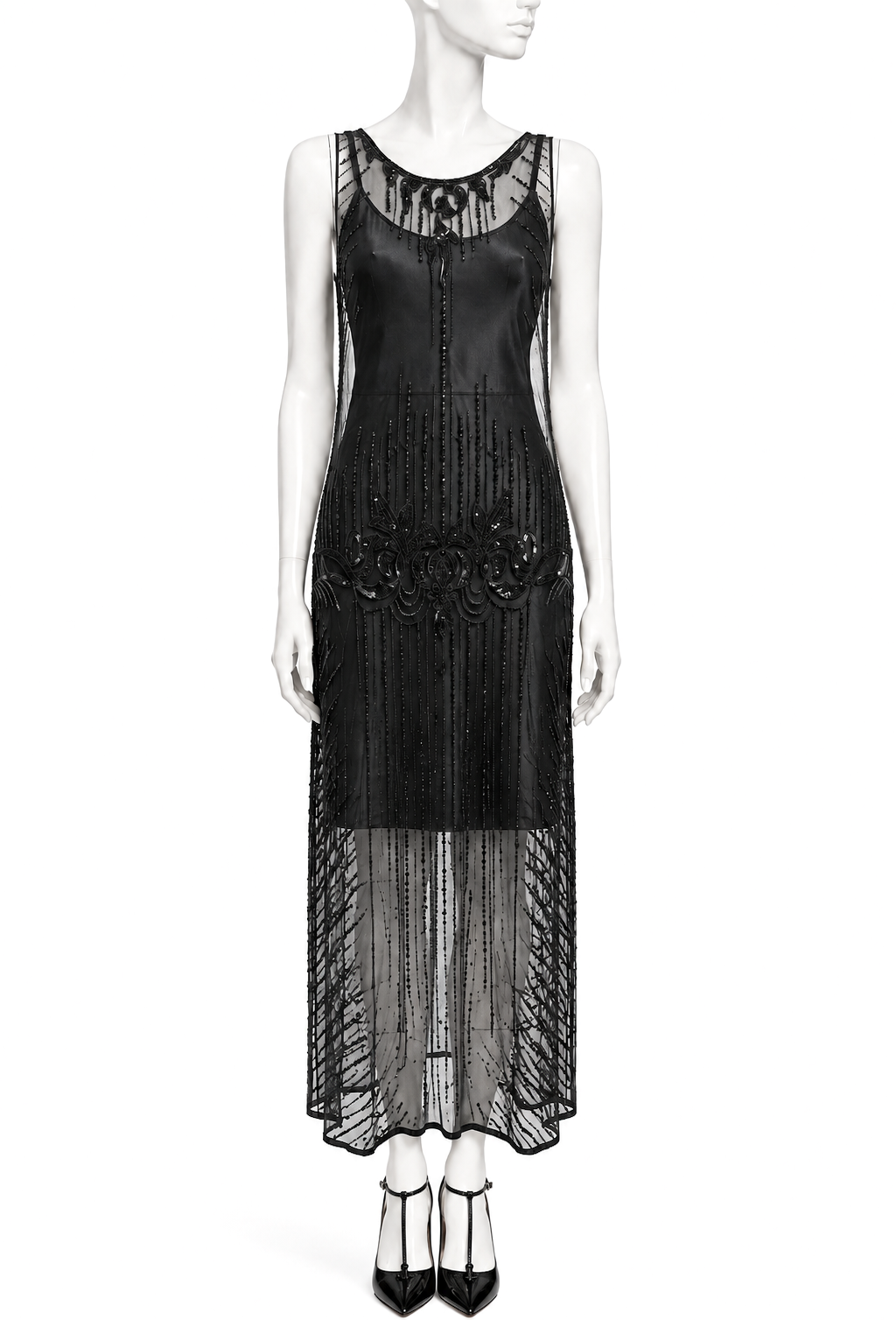 Black sleeveless sheer overlay dress with beaded center panel and scalloped hem