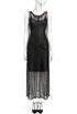Black sleeveless sheer overlay dress with beaded center panel and scalloped hem