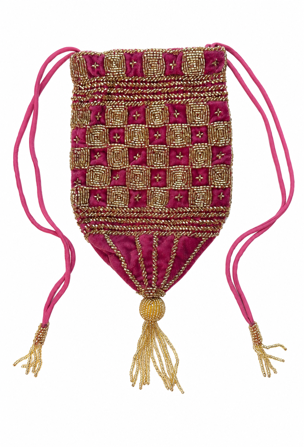 Fuchsia velvet drawstring pouch with gold beadwork panels and tassel cords