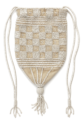 Cream beaded velvet pouch with drawstring cords and hanging tassel