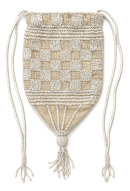 Cream beaded velvet pouch with drawstring cords and hanging tassel