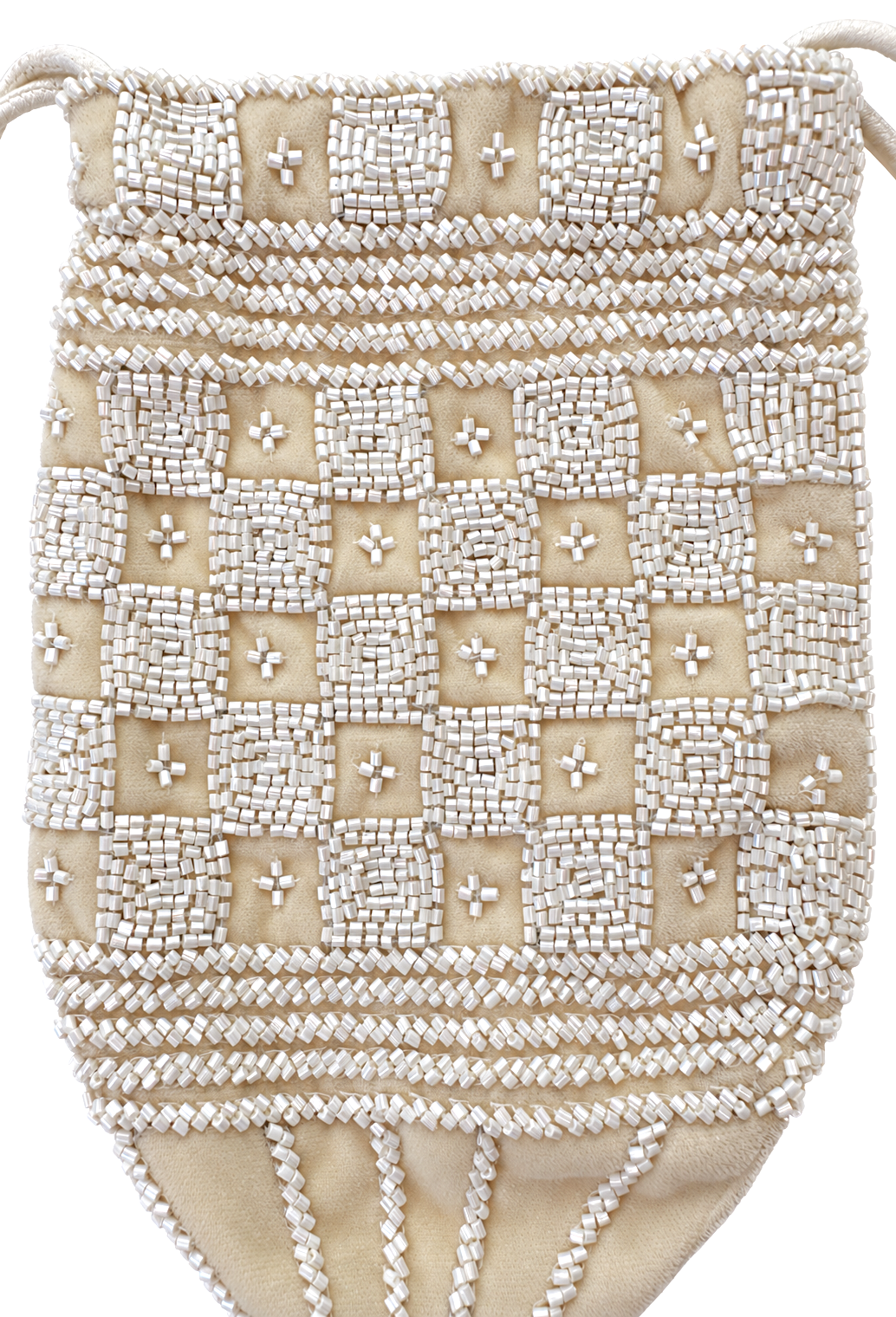 Cream beaded velvet pouch with cross-stitch pattern and braided trim