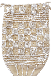 Cream beaded velvet pouch with cross-stitch pattern and braided trim
