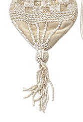 Cream beaded velvet pouch with tassel tie and braided drawstring ends