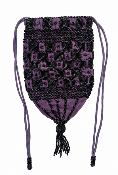 Velvet drawstring pouch, dark plum-black with purple check pattern and tassel cords