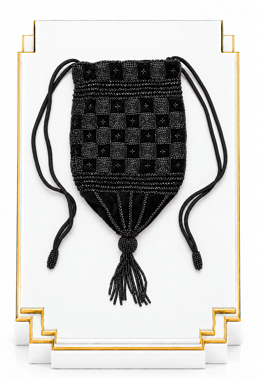 Black velvet drawstring pouch with checker pattern and tassel cords