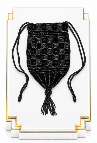 Black velvet drawstring pouch with checker pattern and tassel cords
