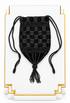 Black velvet drawstring pouch with checker pattern and tassel cords