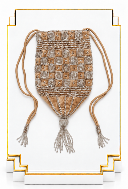 Champagne velvet drawstring pouch with beaded pattern and three tassel cords