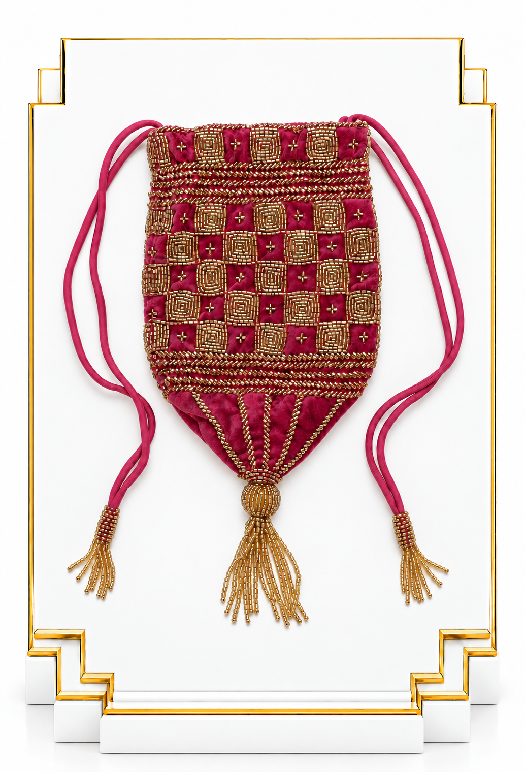 Fuchsia velvet pouch with gold checkered beadwork, drawstring cords, and tassels