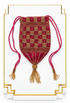 Fuchsia velvet pouch with gold checkered beadwork, drawstring cords, and tassels