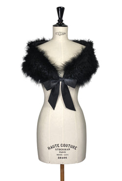 Luxury Ostrich Feather Satin Tie Vintage Shoulder Wrap - Black