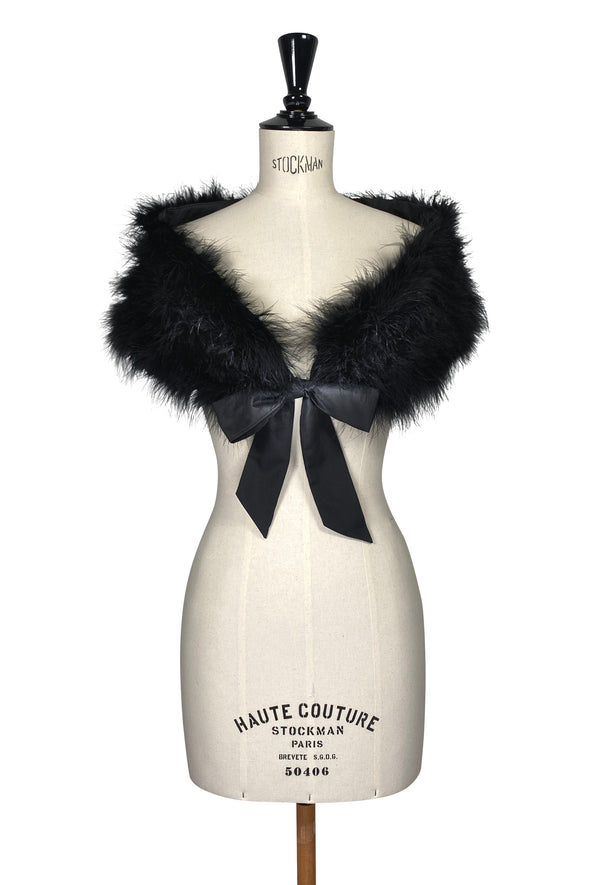 Luxury Ostrich Feather Satin Tie Vintage Shoulder Wrap - Black