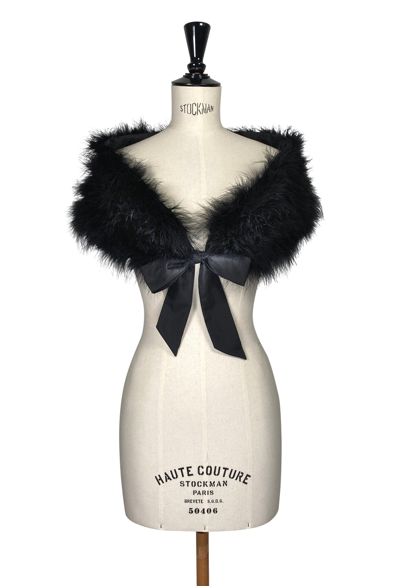 Luxury Ostrich Feather Satin Tie Vintage Shoulder Wrap - Black