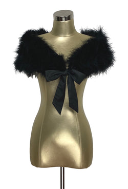 Luxury Ostrich Feather Satin Tie Vintage Shoulder Wrap - Black