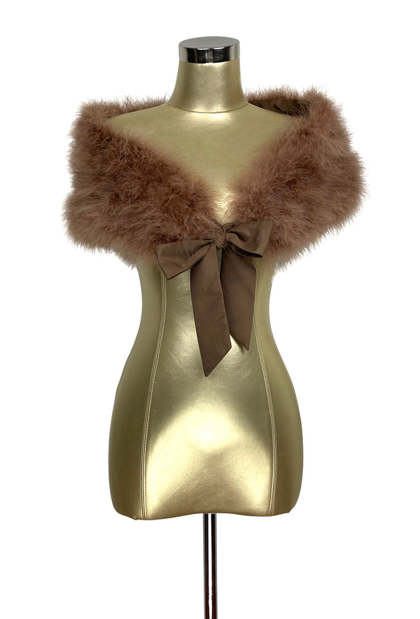 Luxury Ostrich Feather Satin Tie Vintage Shoulder Wrap - Mink Brown