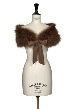Luxury Ostrich Feather Satin Tie Vintage Shoulder Wrap - Mink Brown
