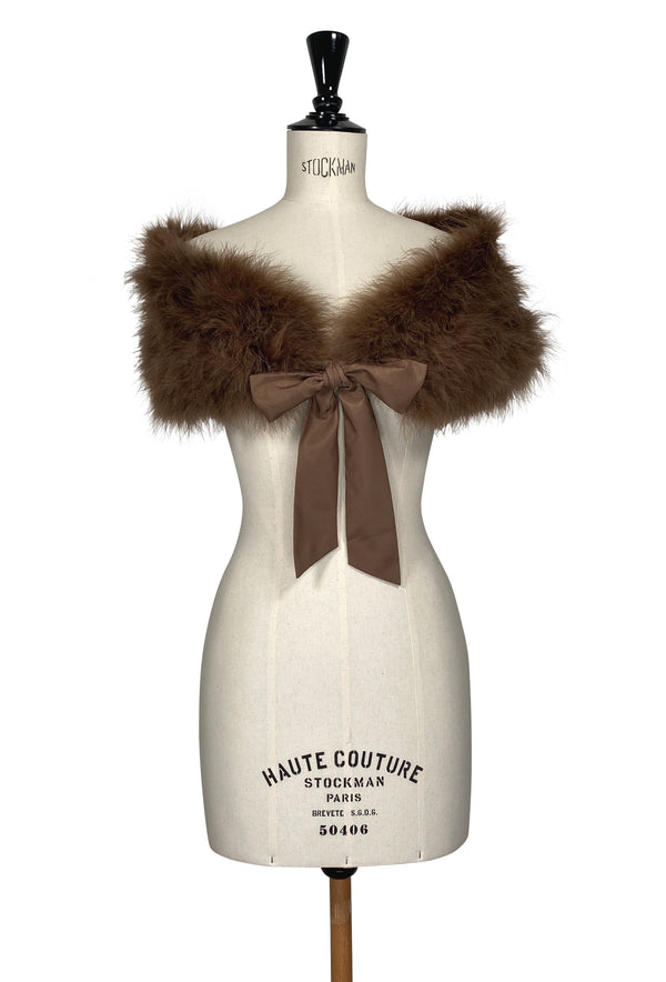 Luxury Ostrich Feather Satin Tie Vintage Shoulder Wrap - Mink Brown