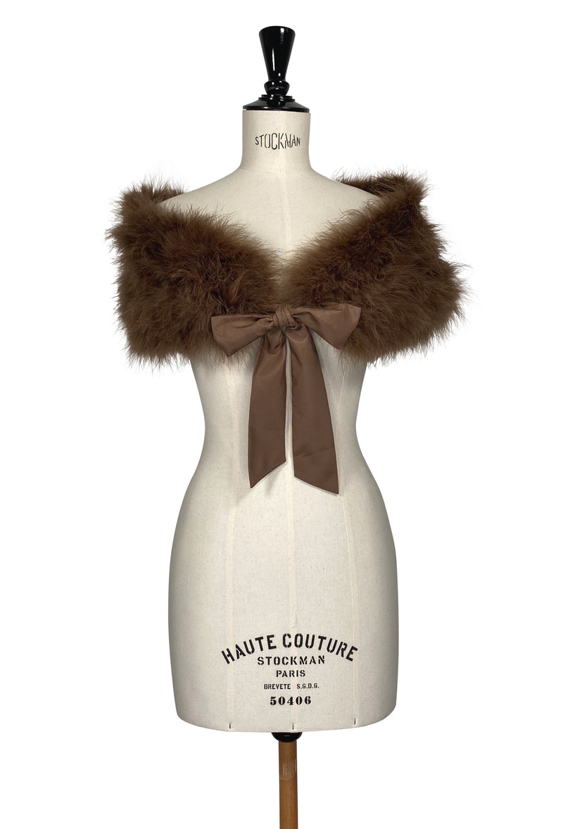 Luxury Ostrich Feather Satin Tie Vintage Shoulder Wrap - Mink Brown