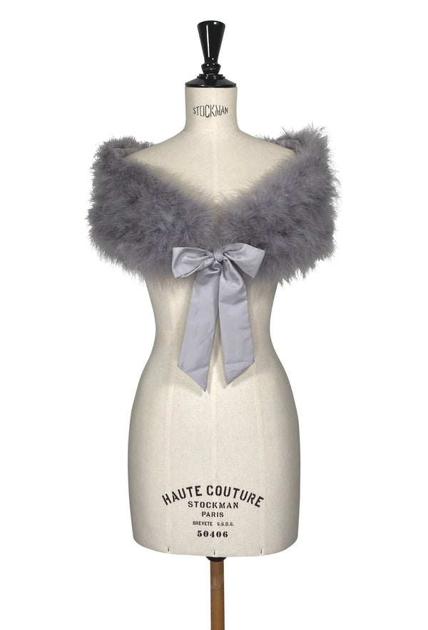 Luxury Ostrich Feather Satin Tie Vintage Shoulder Wrap - Sterling Silver