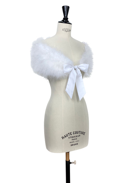 White ostrich feather satin shoulder wrap with bow detail
