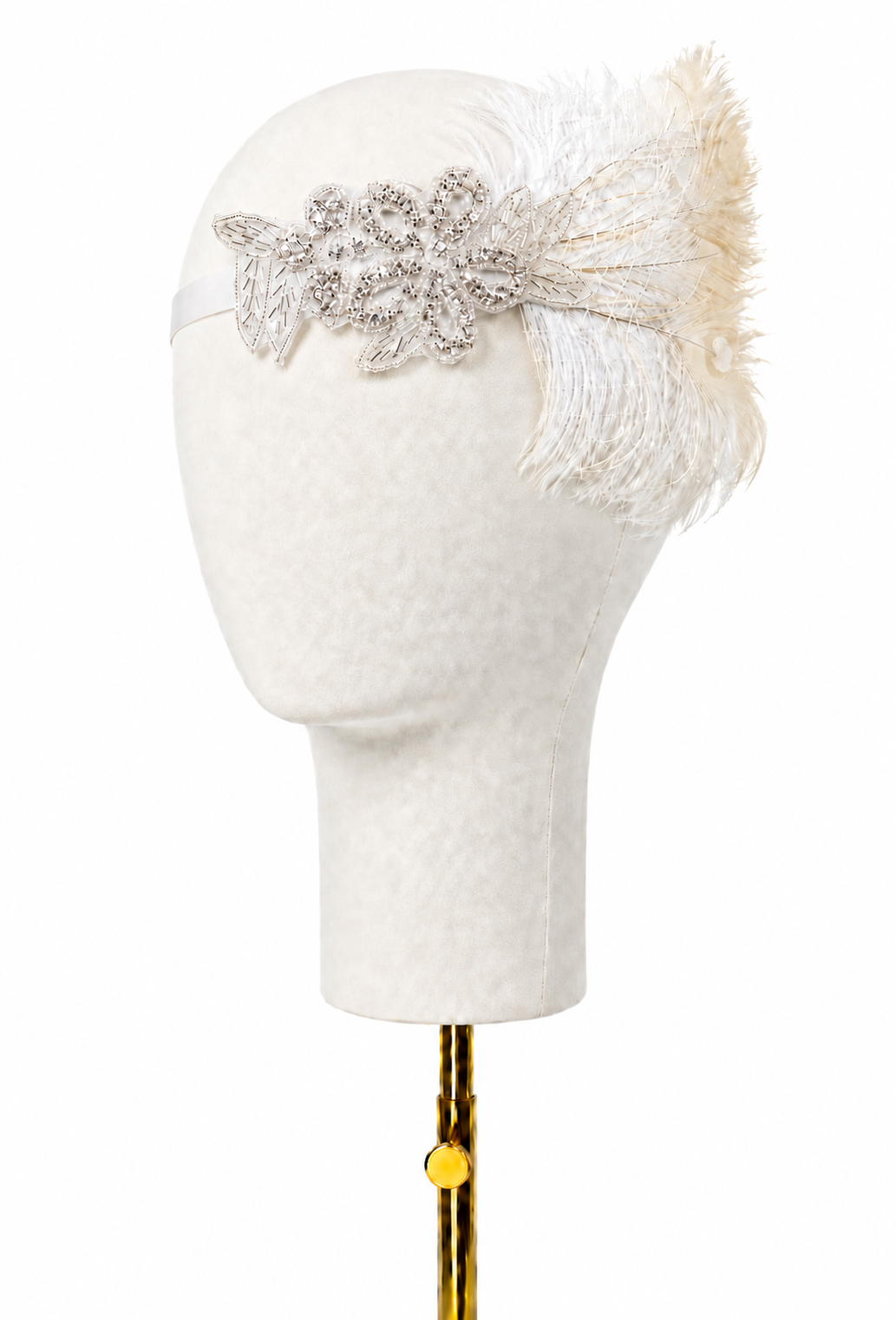 Odette feather bandeau with white fabric and rhinestone bow, with feather fringe detail