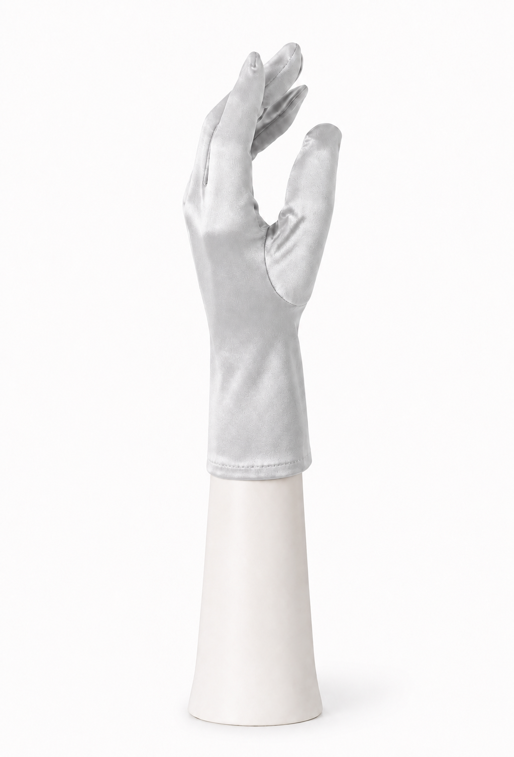 Gray satin tea glove, fitted long cuff, hand shape on white stand.