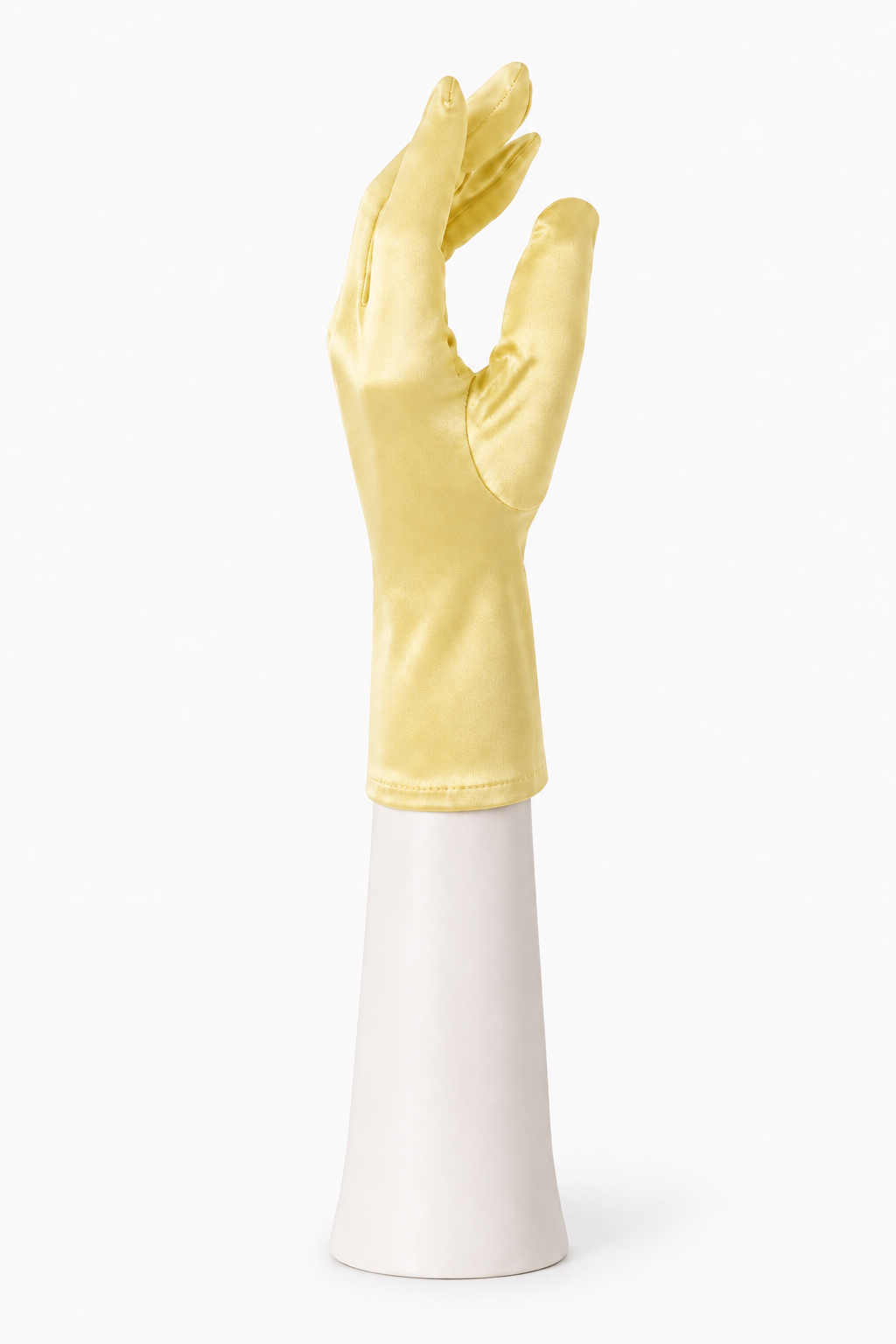 Yellow satin tea glove, fitted long cuff, hand shape on white stand.