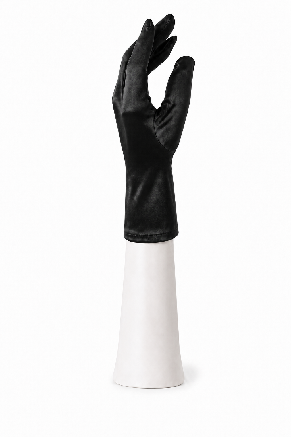 Black satin tea glove, fitted long cuff, hand shape on white stand.