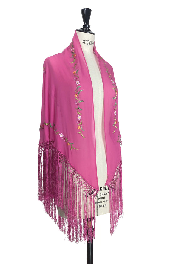 The 1920's Oriental Piano Silk Crepe Embroidered Triangle Shawl - Cerise