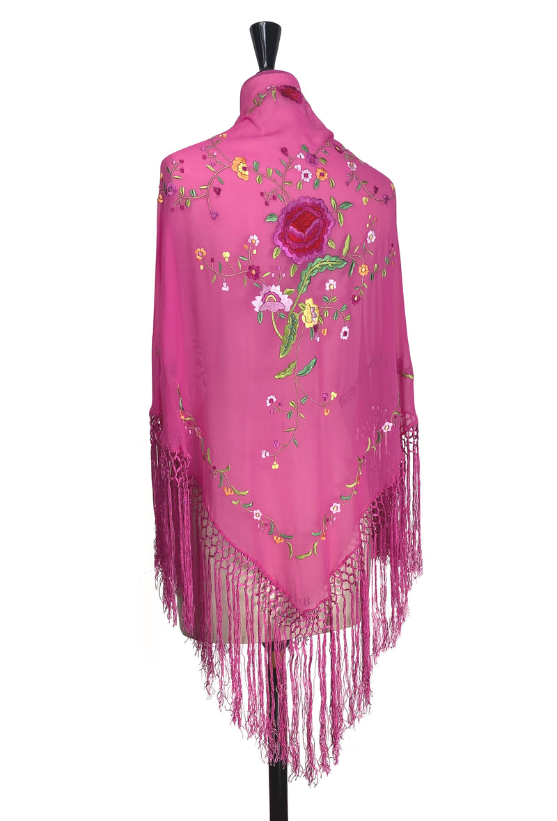 The 1920's Oriental Piano Silk Crepe Embroidered Triangle Shawl - Cerise