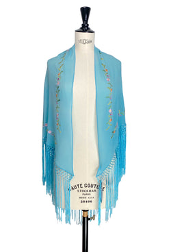 The 1920's Oriental Piano Silk Crepe Embroidered Triangle Shawl - Turquoise