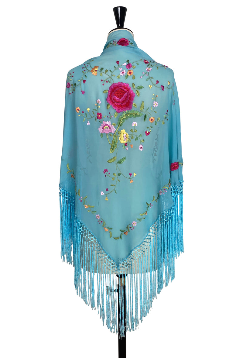 The 1920's Oriental Piano Silk Crepe Embroidered Triangle Shawl - Turquoise