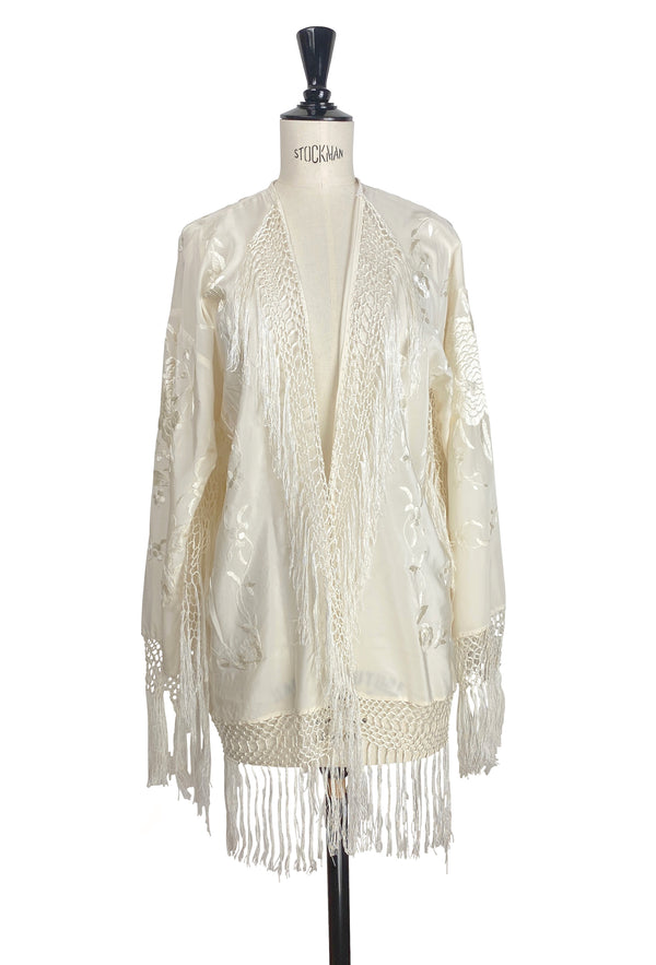 The 1920's Oriental Piano Silk Embroidered Flamenco Lounging Jacket - Vanilla Crème