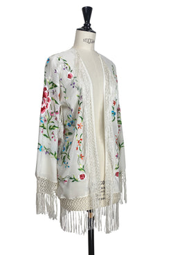 The 1920's Oriental Piano Silk Embroidered Flamenco Lounging Jacket - White Rose