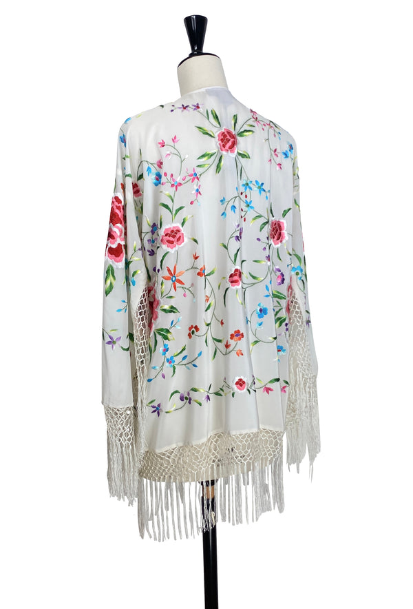 The 1920's Oriental Piano Silk Embroidered Flamenco Lounging Jacket - White Rose